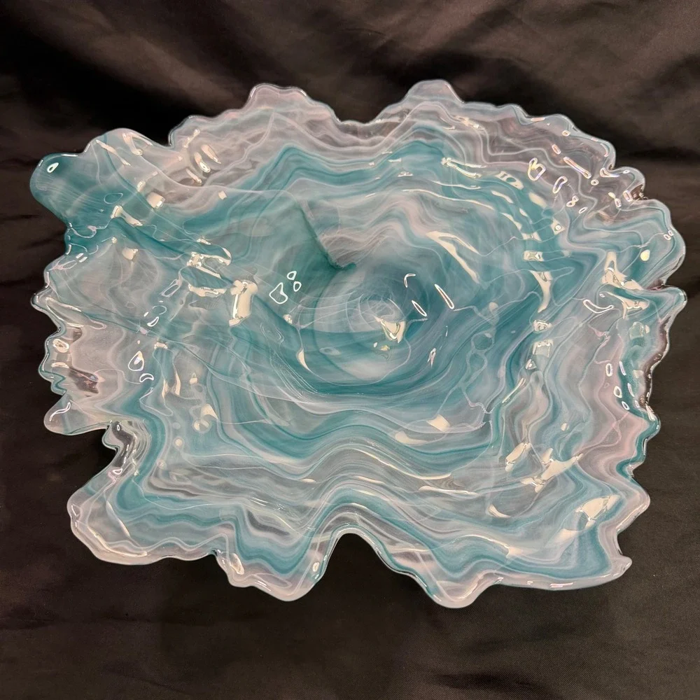 Murano Style Hand Blown Art Glass Oyster Bowl Freeform Aqua White Marbled Swirl